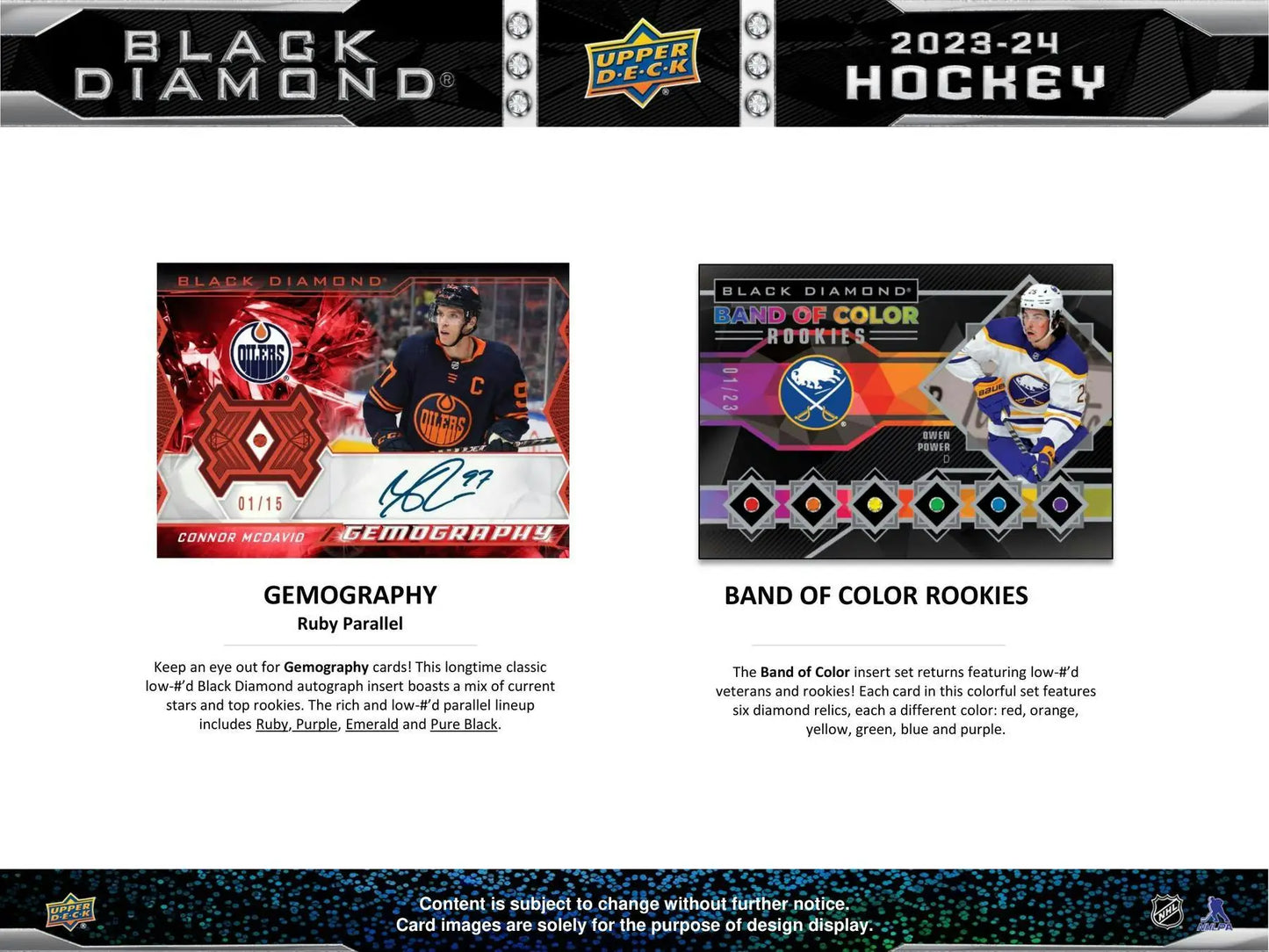 Product advertisement featuring 2023-24 Upper Deck Black Diamond Hockey exquisite collection cards