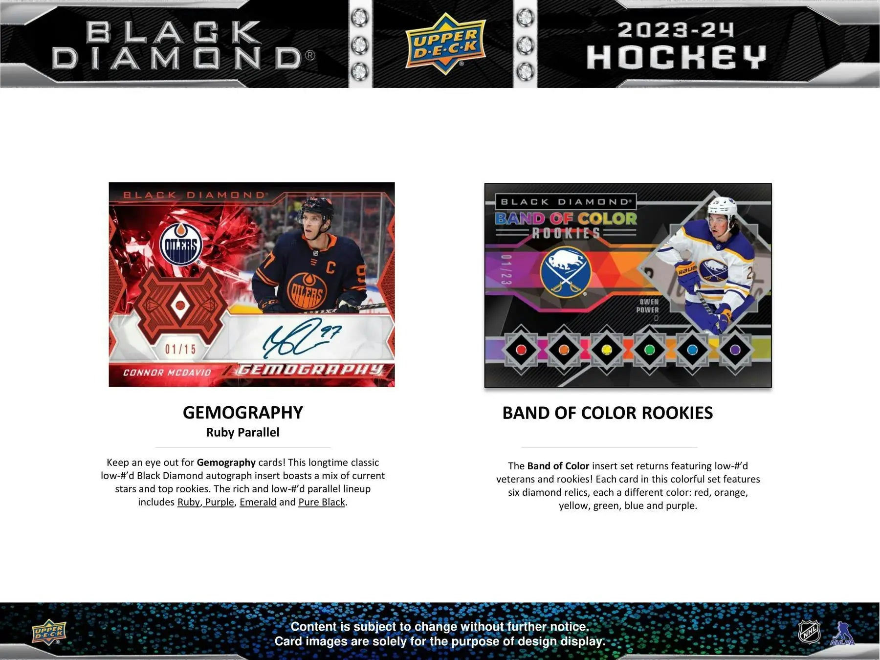 Product advertisement featuring 2023-24 Upper Deck Black Diamond Hockey exquisite collection cards