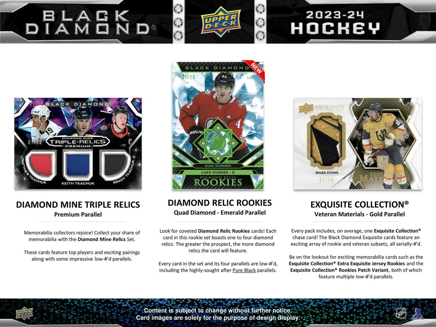 Advertisement for 2023-24 Upper Deck Black Diamond Hockey with diamond relic rookies display