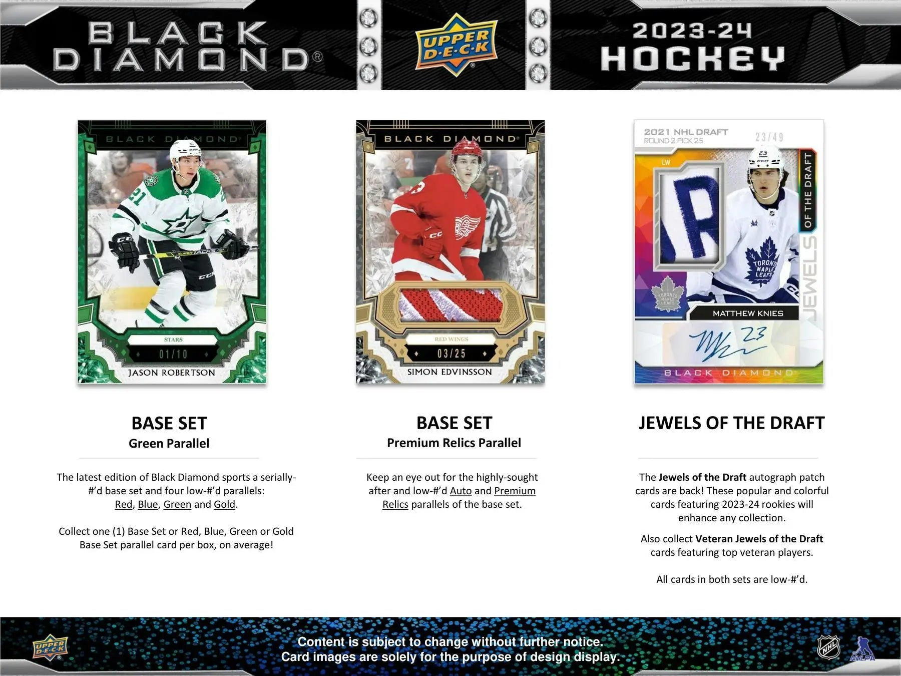 Product advertisement for 2023-24 Upper Deck Black Diamond Hockey showcasing card styles