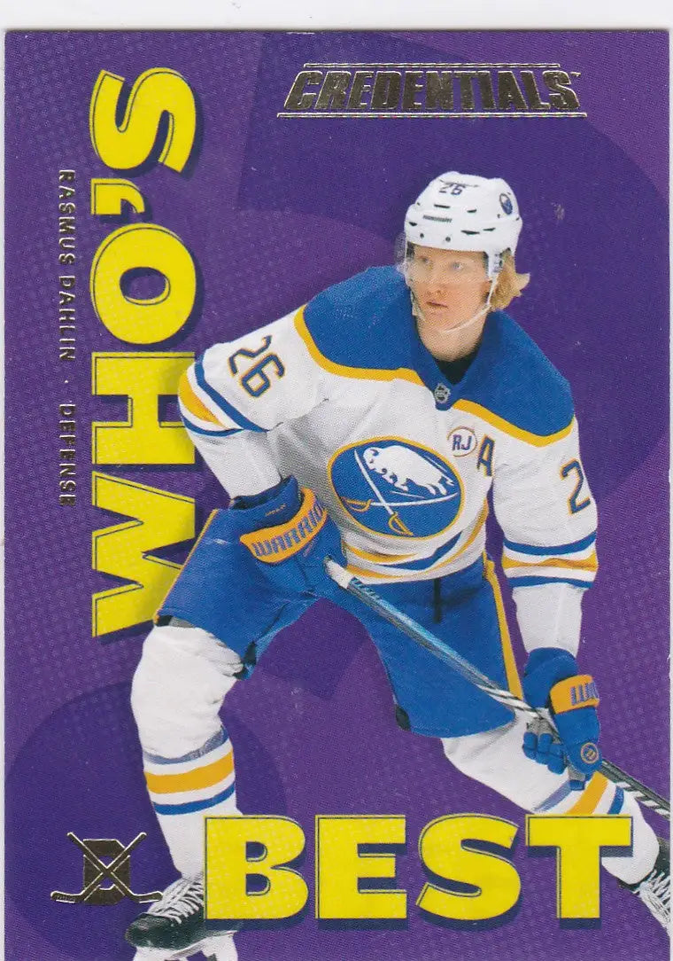 Hockey trading card of Rasmus Dahlin in Buffalo Sabres uniform from Upper Deck Credentials