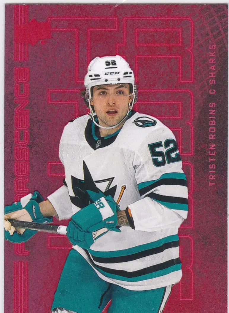 Hockey player in San Jose Sharks jersey 52 showcasing Tristen Robins Flouresence insert