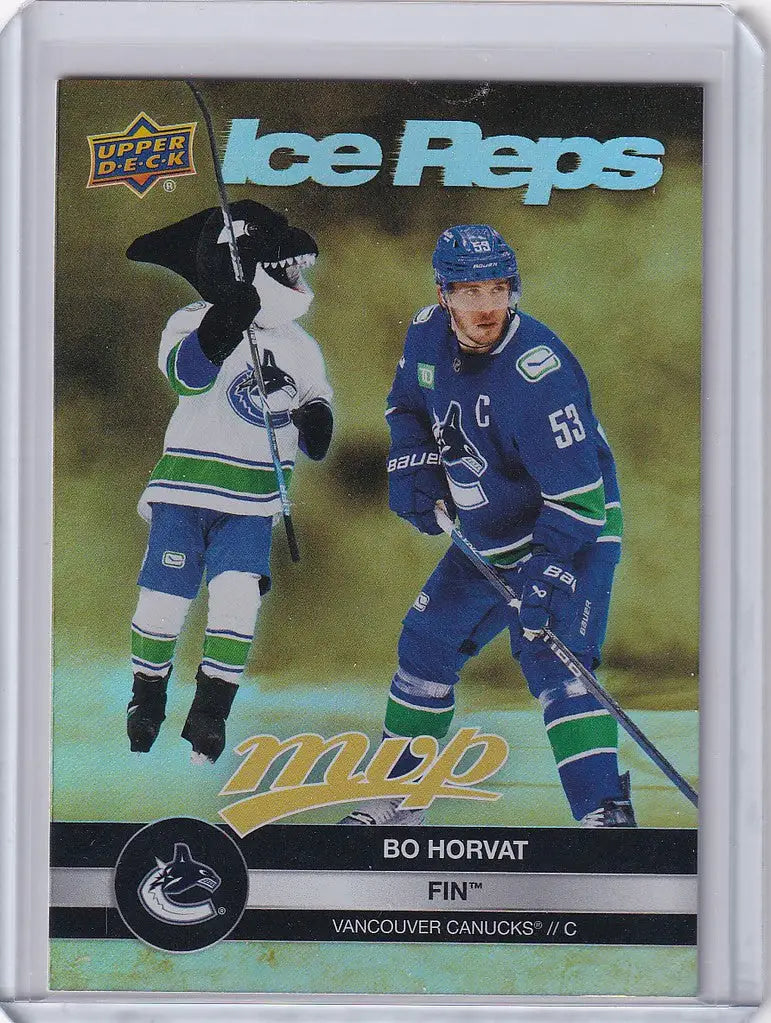 Hockey trading card of Bo Horvat and Fin The Whale from Upper Deck Ice Reps Gold