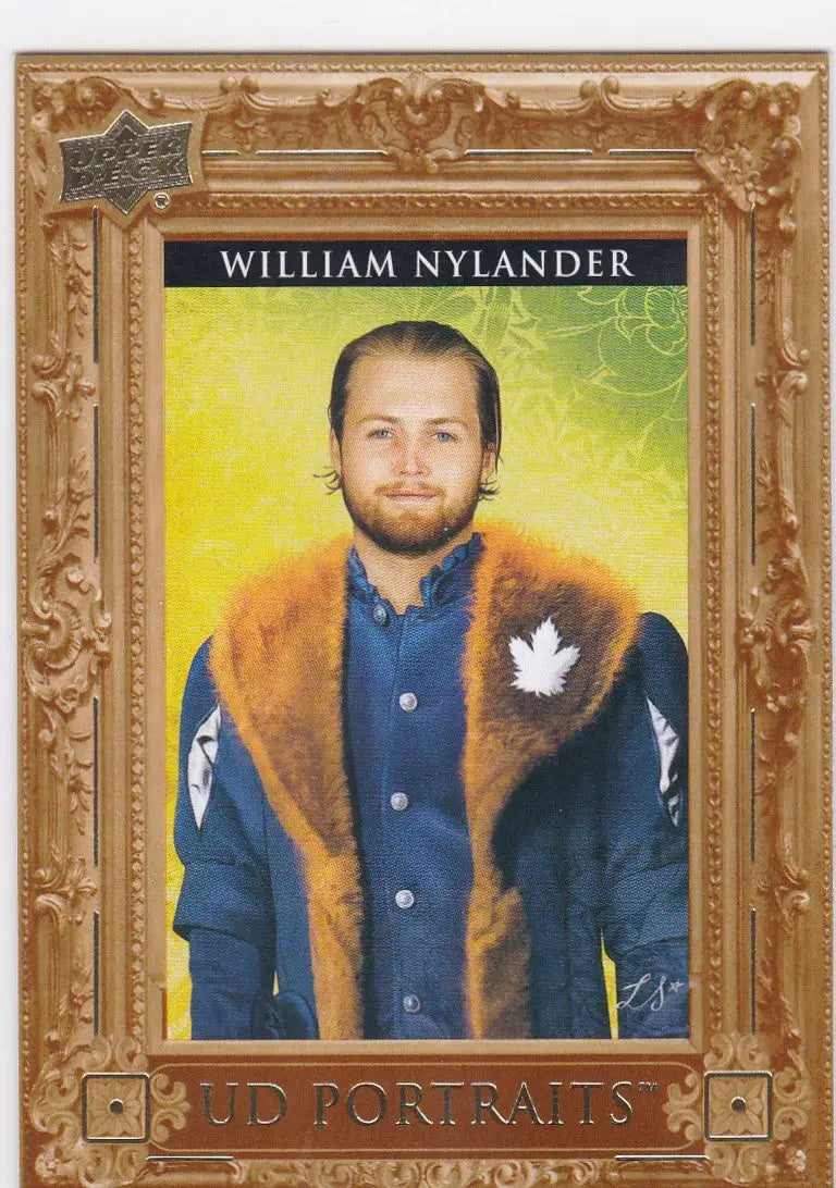 William Nylander portrait in ornate gold frame, featuring bearded man in blue shirt