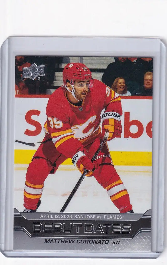 Hockey trading card of Matthew Coronato in Upper Deck Series 1 Calgary Flames uniform