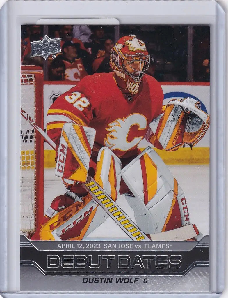 Hockey trading card of Calgary Flames goaltender in Upper Deck Series 1 uniform