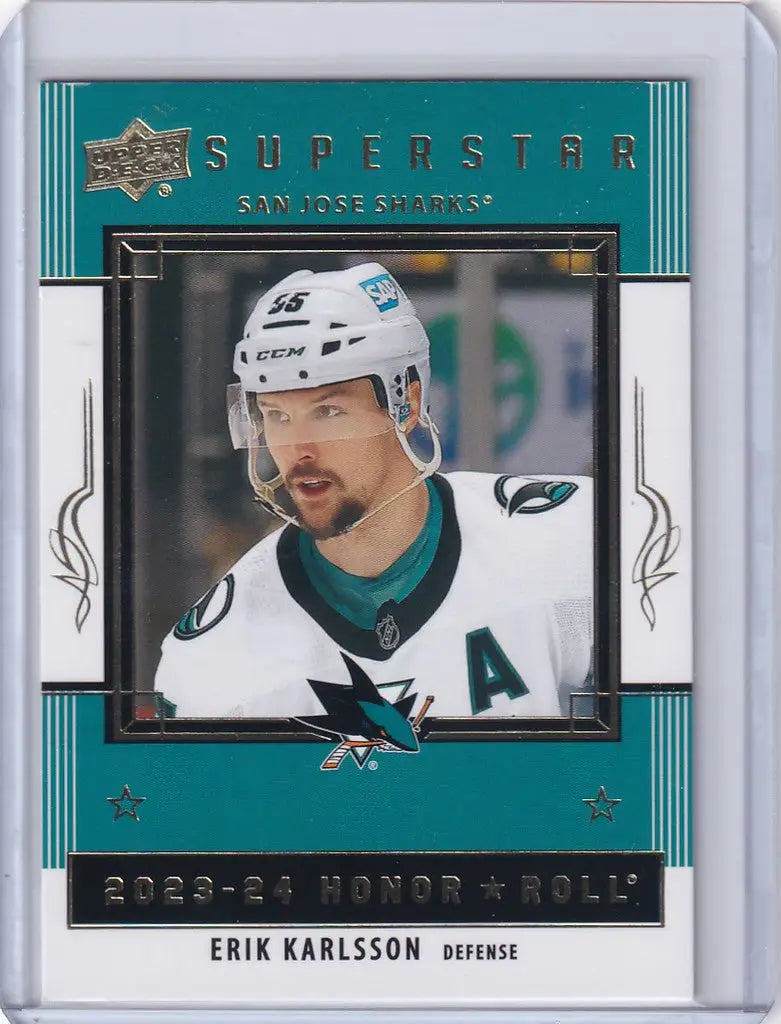 Hockey trading card of Erik Karlsson from Upper Deck Series featuring San Jose Sharks