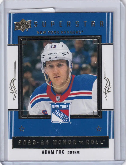 Hockey trading card of Adam Fox from Upper Deck Series 1 for New York Rangers