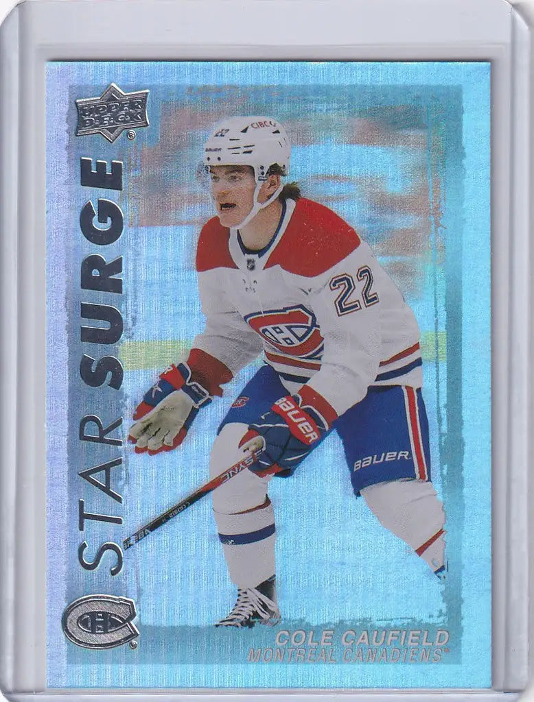 Hockey trading card of Cole Caufield in Montreal Canadiens jersey from Upper Deck Series