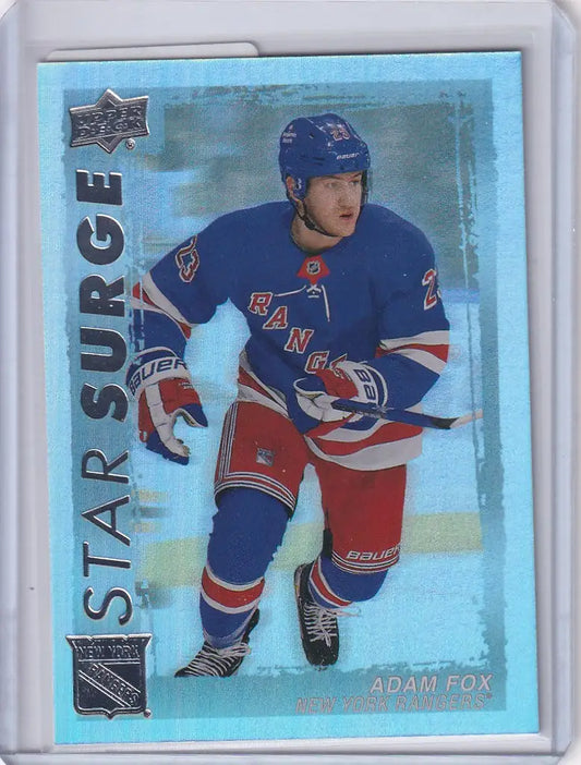 Hockey trading card of Adam Fox from Upper Deck Series 1 for New York Rangers