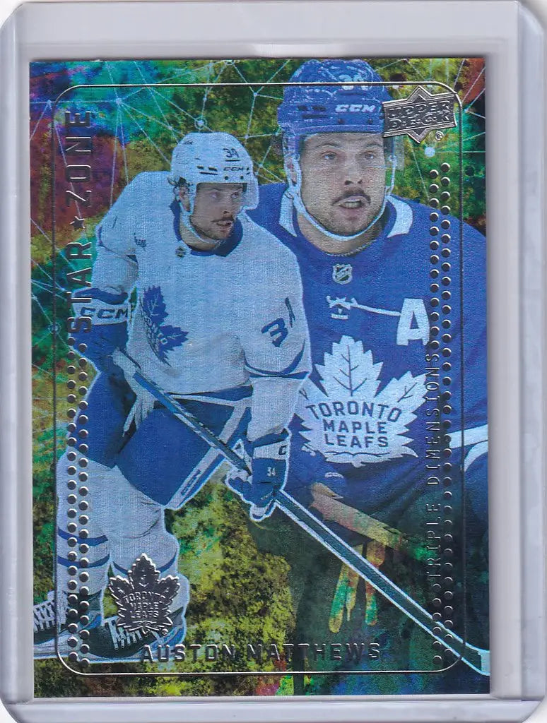 Hockey trading card of Auston Matthews Toronto in blue jersey, Upper Deck Series 1