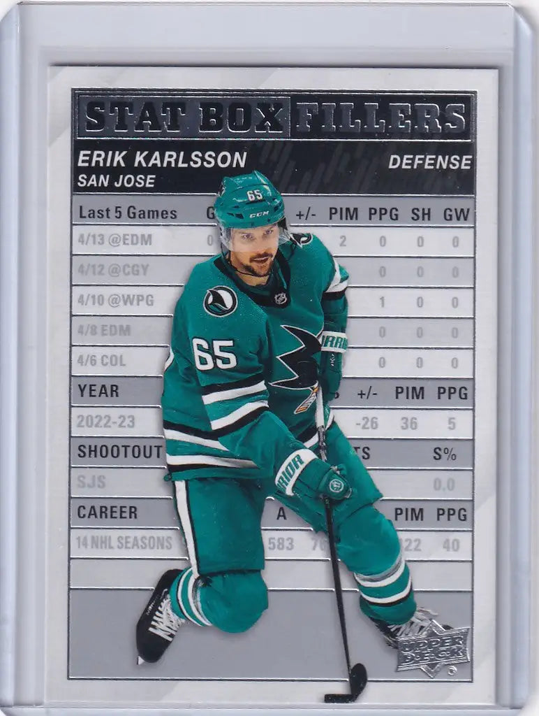 Hockey trading card of Erik Karlsson San in teal uniform for Upper Deck Series Stat Box Filler