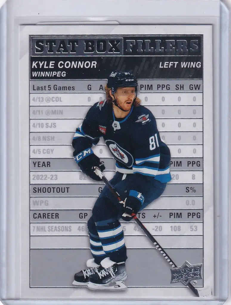 Hockey trading card of Kyle Connor from Winnipeg Jets in Upper Deck Series 1 Stat Box Filler