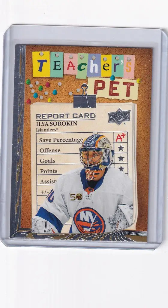 Hockey trading card featuring Ilya Sorokin’s goalie mask from Upper Deck Series 1