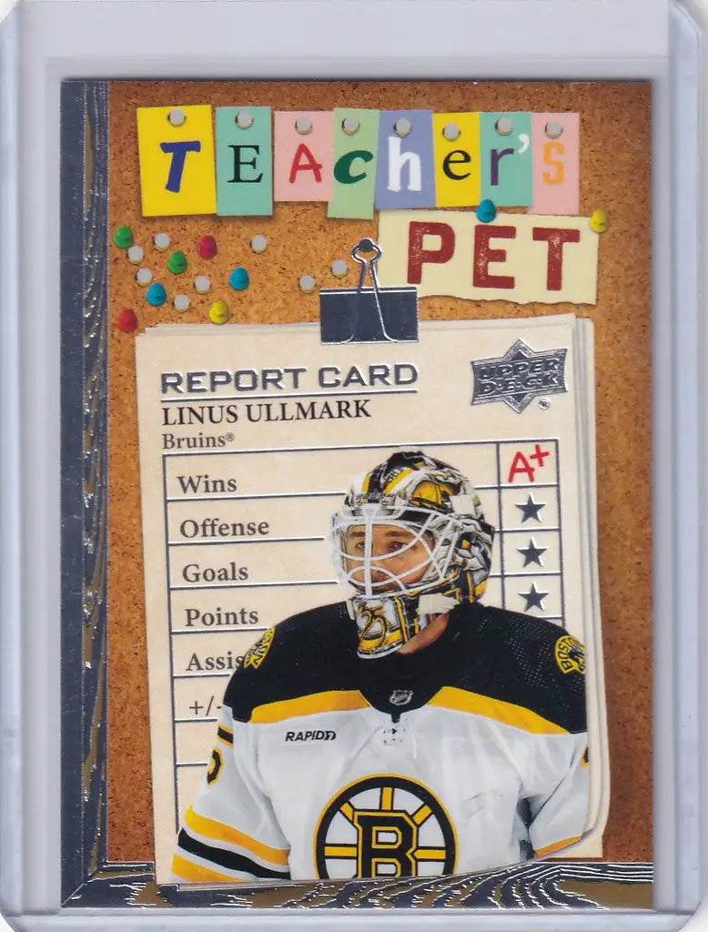 Hockey trading card of Linus Ullmark in Boston Bruins jersey from Upper Deck Series