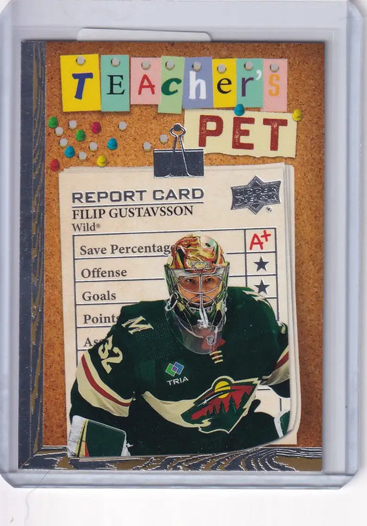 Hockey trading card of Filip Gustavsson in green jersey from Upper Deck Series 1