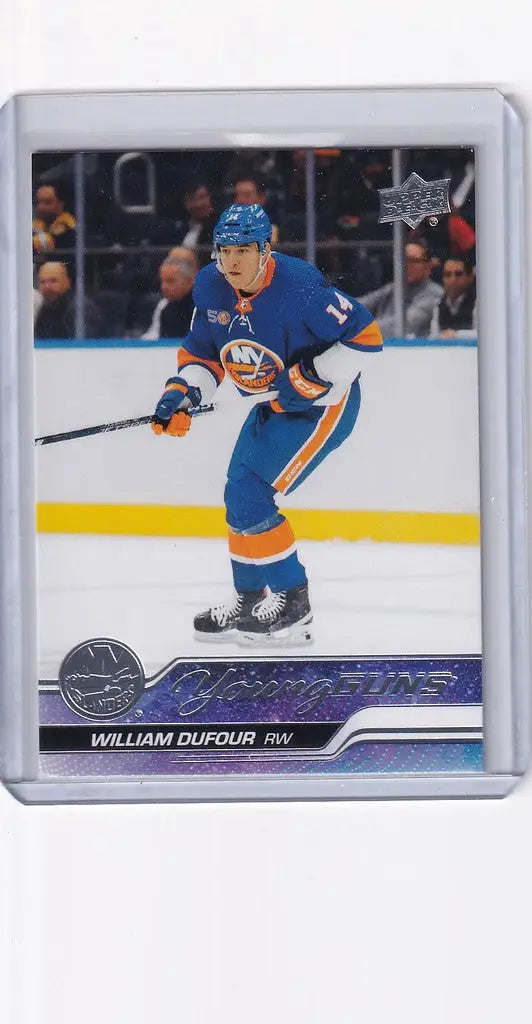 Hockey trading card of William Dufour skating in Upper Deck Series 1 New York Islanders uniform