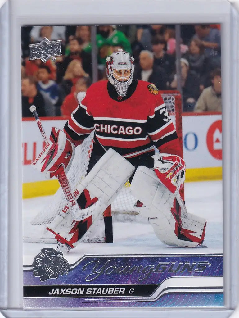 Hockey goalie Jaxson Stauber in Chicago Blackhawks jersey for Upper Deck Series 1