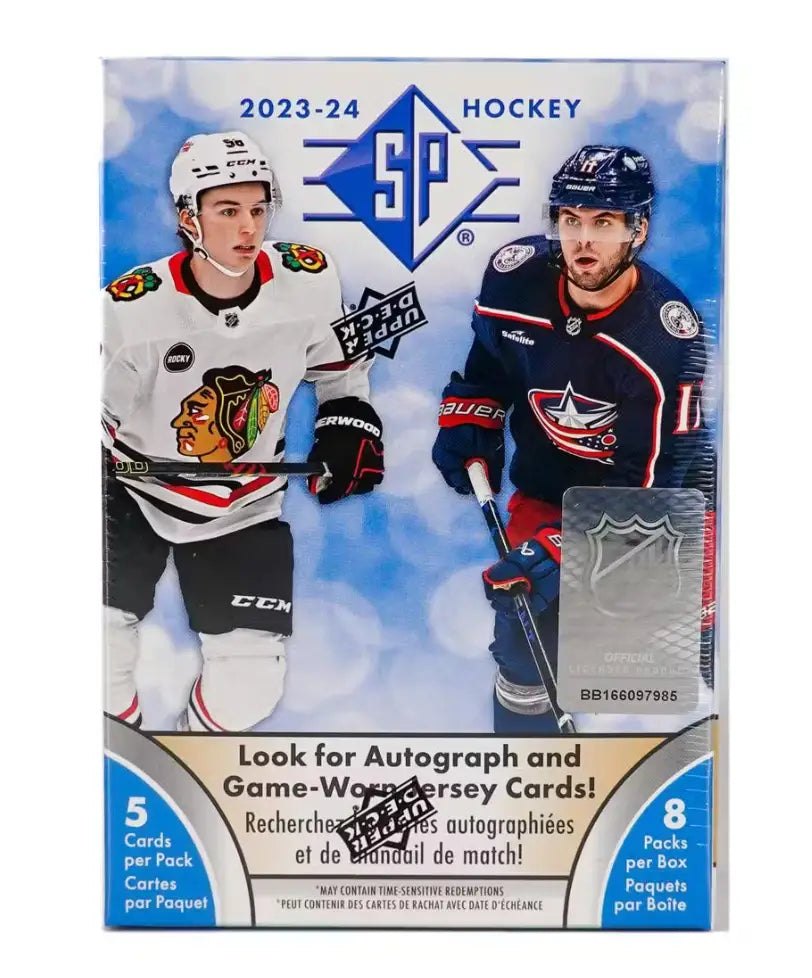 2023/24 Upper Deck SP Hockey Blaster Box showcasing Chicago Blackhawks rookie authentics