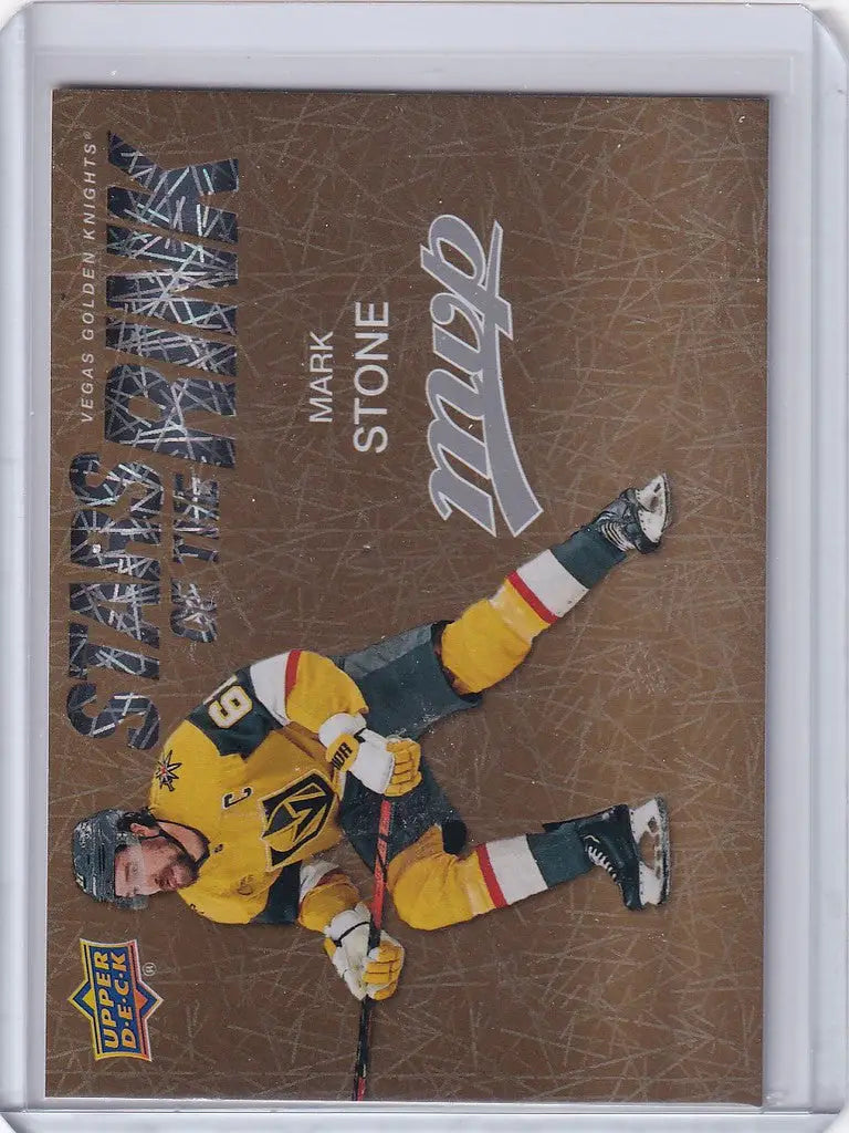 Hockey trading card of Mark Stone in a yellow jersey from Upper Deck Stars of the Rink