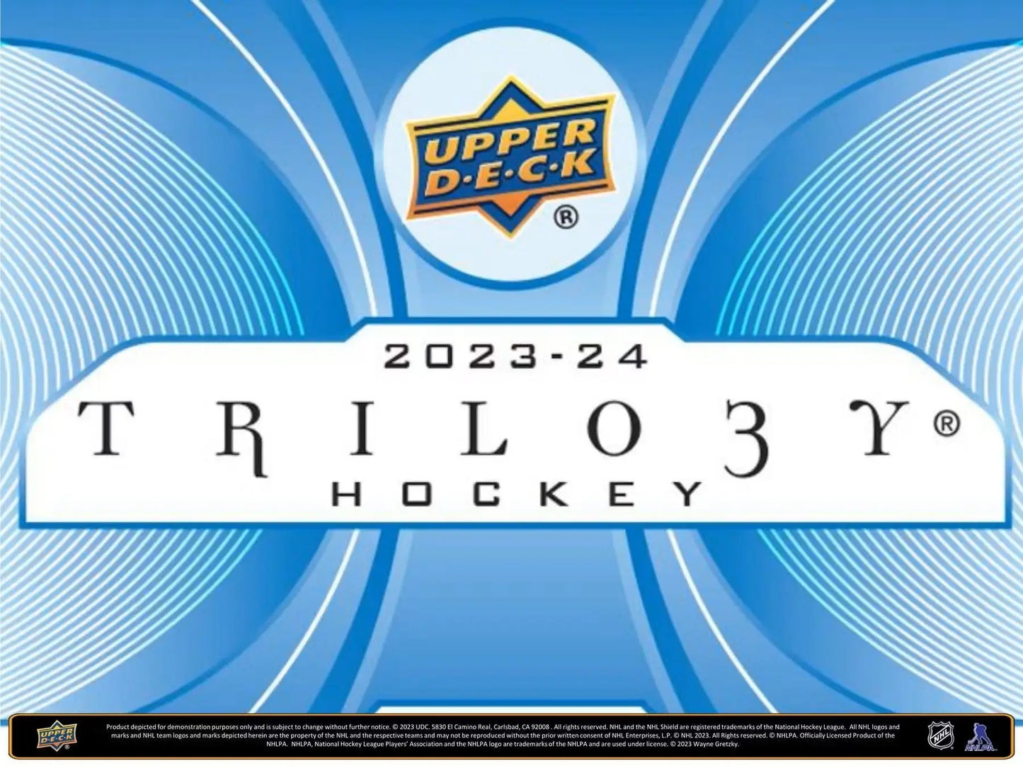 Upper Deck Trilogy Hockey 2023-24 logo with blue wave patterns for Hobby Box base set