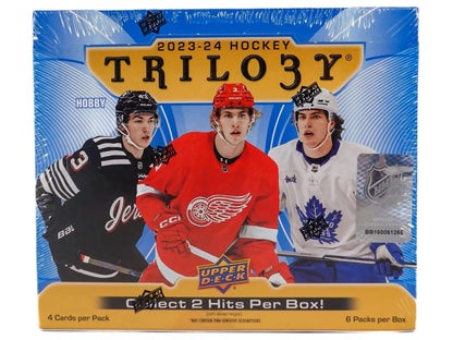 2023-24 Upper Deck Trilogy Hockey Hobby Box with NHL players, featuring auto parallels