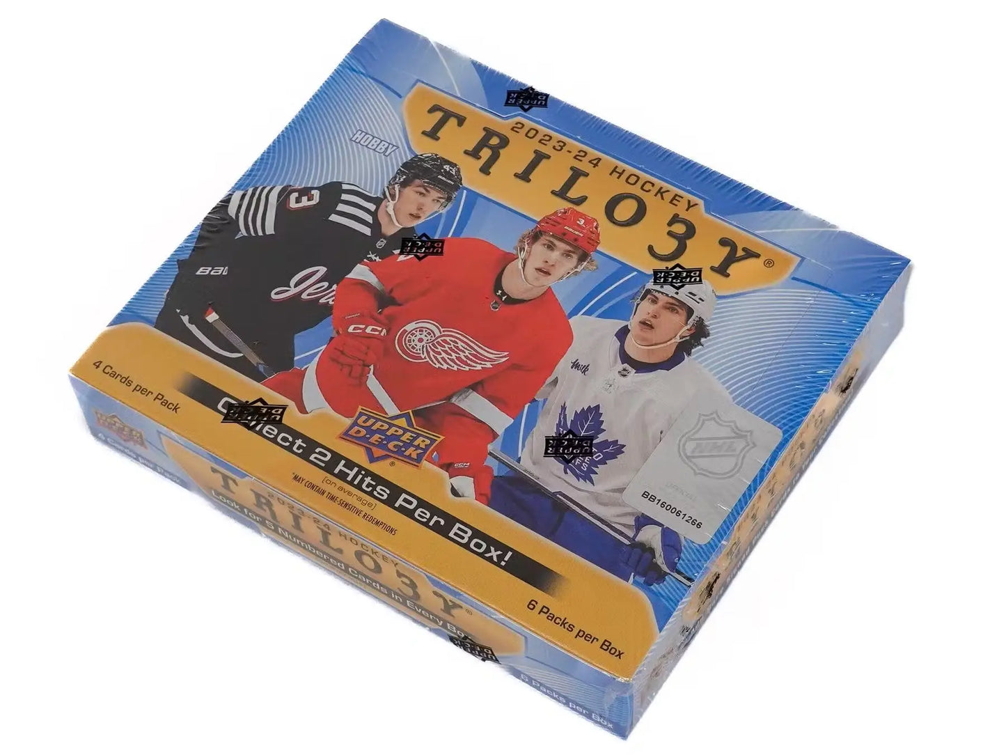 Hockey trading card box featuring NHL base set and auto parallel in blue and gold design