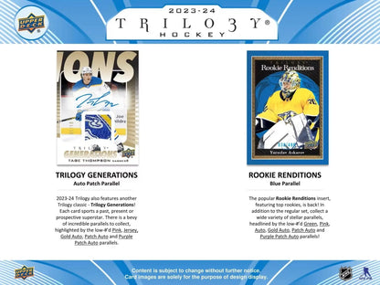 Marketing preview of 2023-24 Upper Deck Trilogy Hockey Hobby Box featuring two card designs