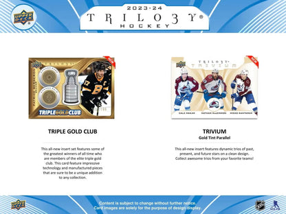 Marketing preview card showcasing two Upper Deck 2023-24 Trilogy Hockey card designs