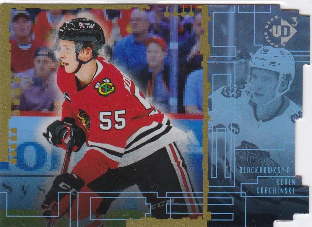 Hockey player in red Chicago Blackhawks jersey 55 skating, Kevin Korchinski RC Chicago