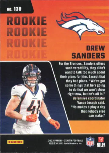 Drew Sanders Rookie Football Card from 2023 Zenith Retail #138 for Denver Broncos