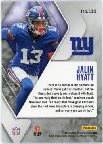 Jalin Hyatt Rookie card from 2023 Panini Phoenix featuring New York Giants player