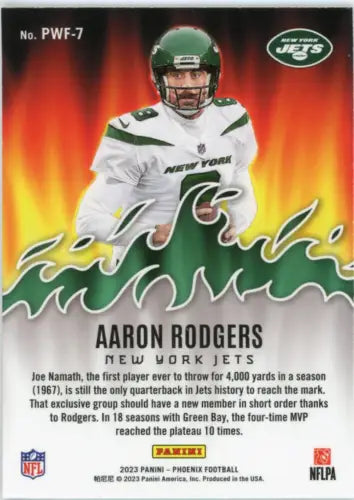 Aaron Rodgers New York Jets card from 2023 Panini Phoenix Playing with Fire collection