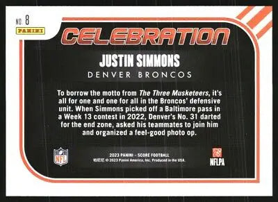 Football card back of 2023 Score Celebration Justin Simmons Denver Broncos NFL NM-MT