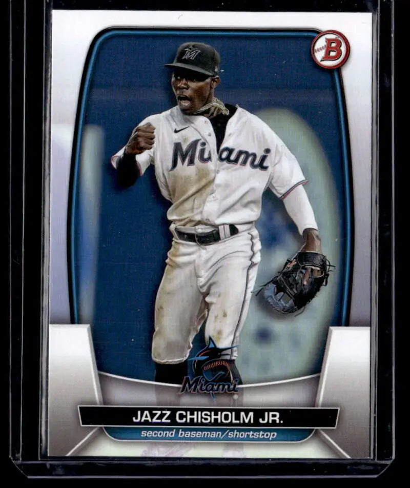 Baseball trading card of Jazz Chisholm Jr. in Miami Marlins home uniform fielding