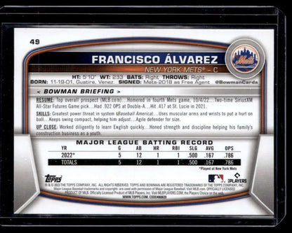 Baseball card featuring Francisco Alvarez NM-MT from the New York Mets