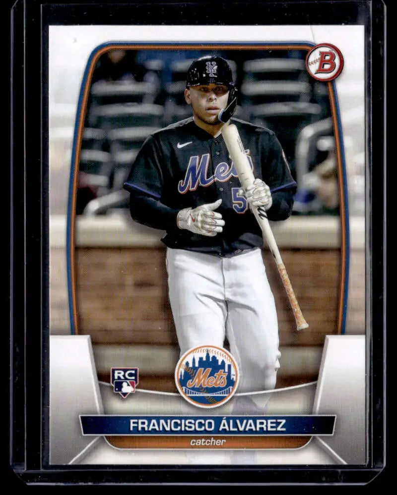 Baseball card of Francisco Alvarez in black jersey, 2023 Bowman NM-MT