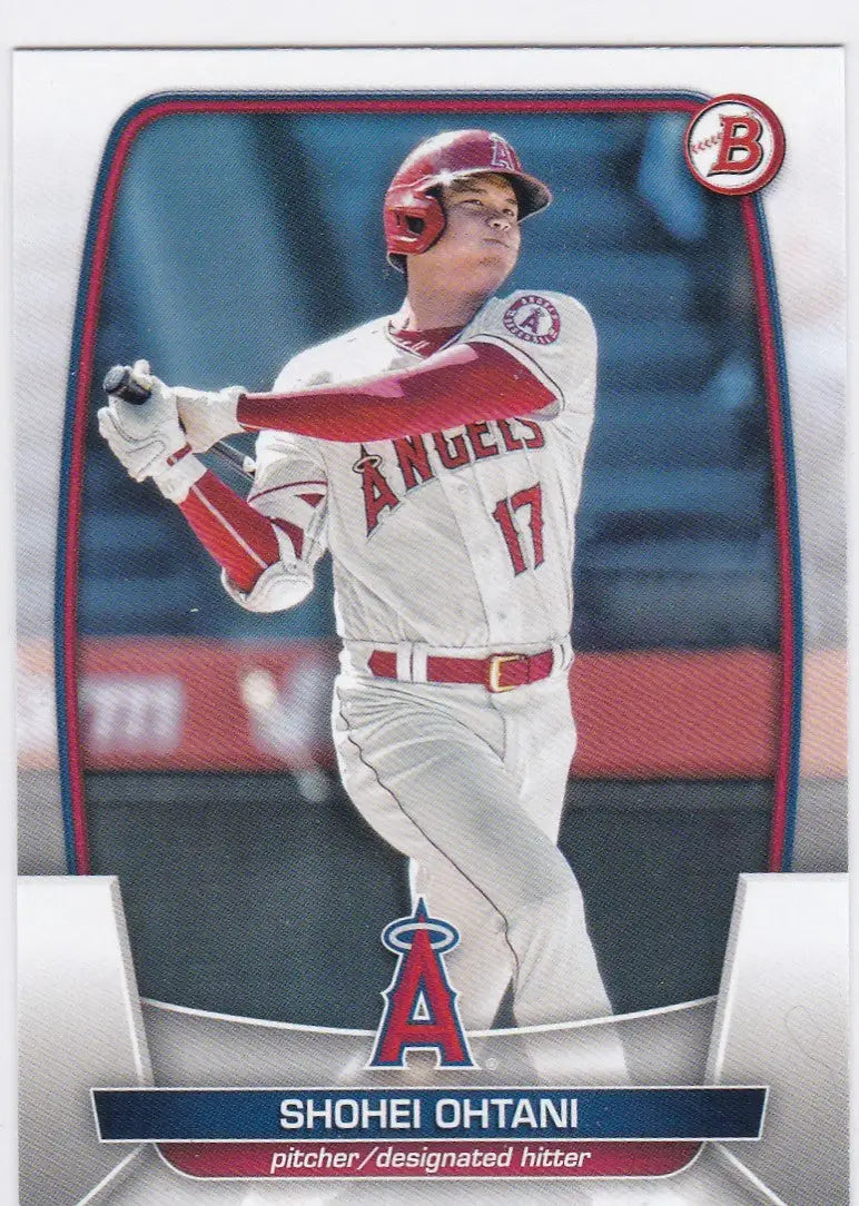 Baseball card of Shohei Ohtani in white and red uniform for Los Angeles Angels