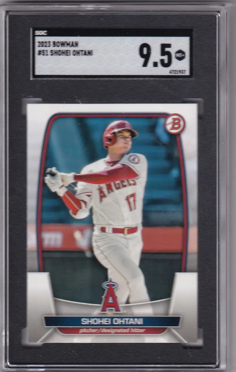 Graded 2023 Bowman #51 Shohei Ohtani SGC 9.5 card in protective case, Los Angeles Angels