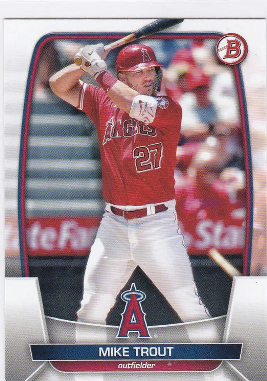 Baseball card of Mike Trout, Los Angeles Angels player in red jersey number 27