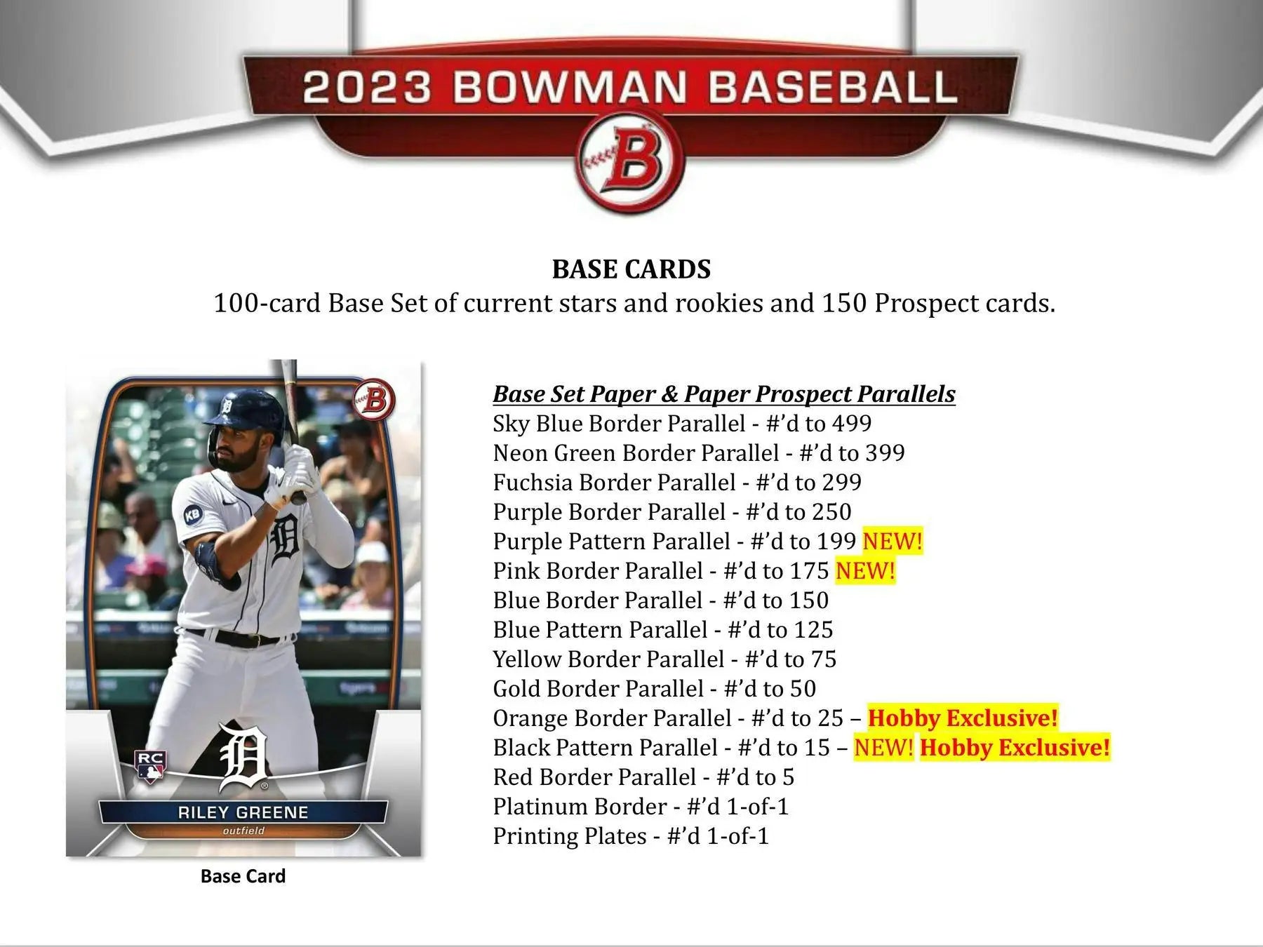 2023 Bowman Baseball Hobby Box product sheet highlighting refractor parallel variations