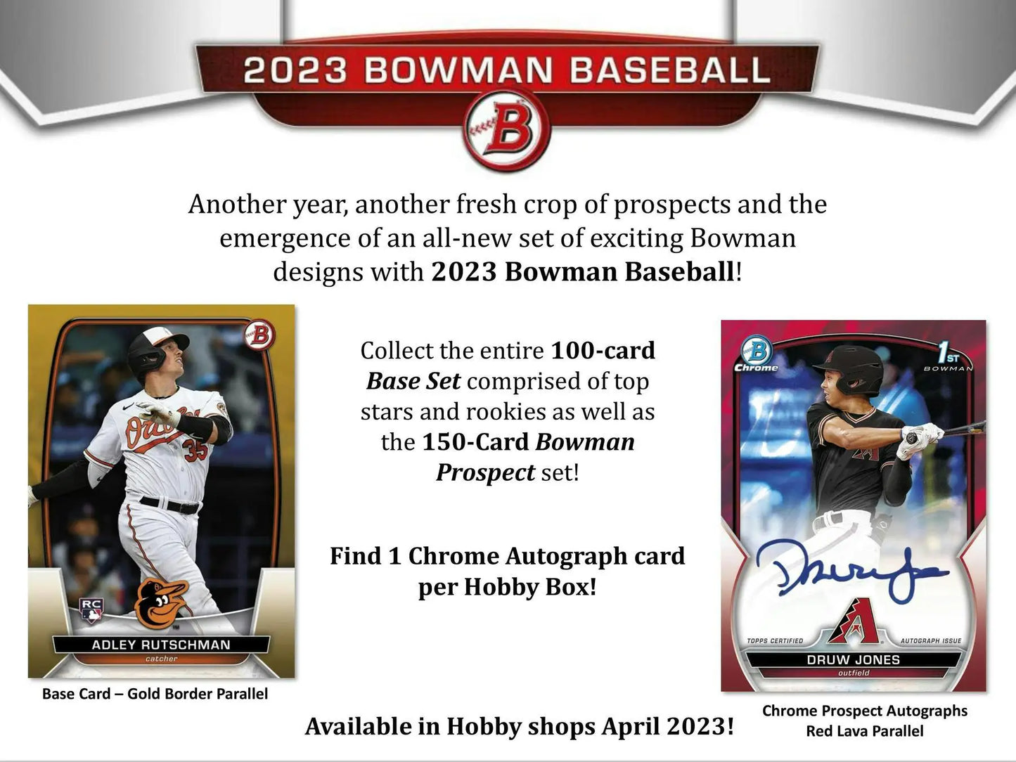 2023 Bowman Baseball Hobby Box advertisement showcasing refractor parallel card details