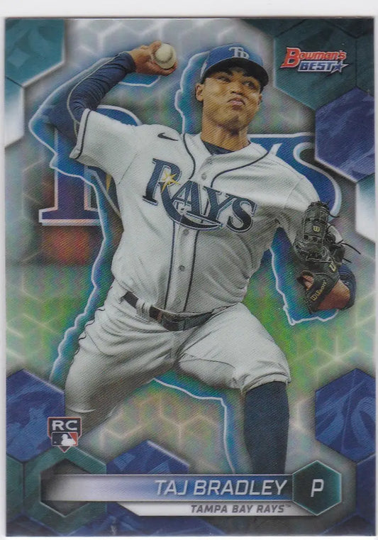 Taj Bradley Refractor baseball card showcasing Tampa Bay Rays pitcher in action