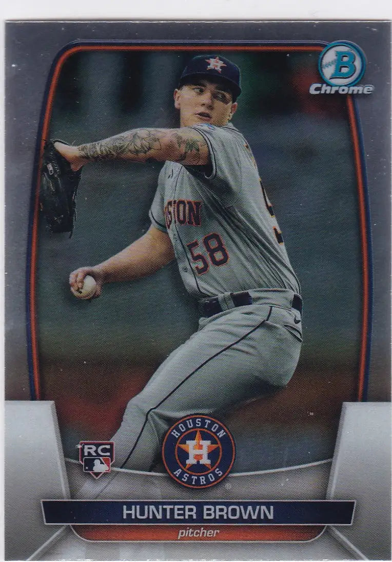 Baseball card of Hunter Brown mid-throw for 2023 Bowman Chrome RC Houston Astros