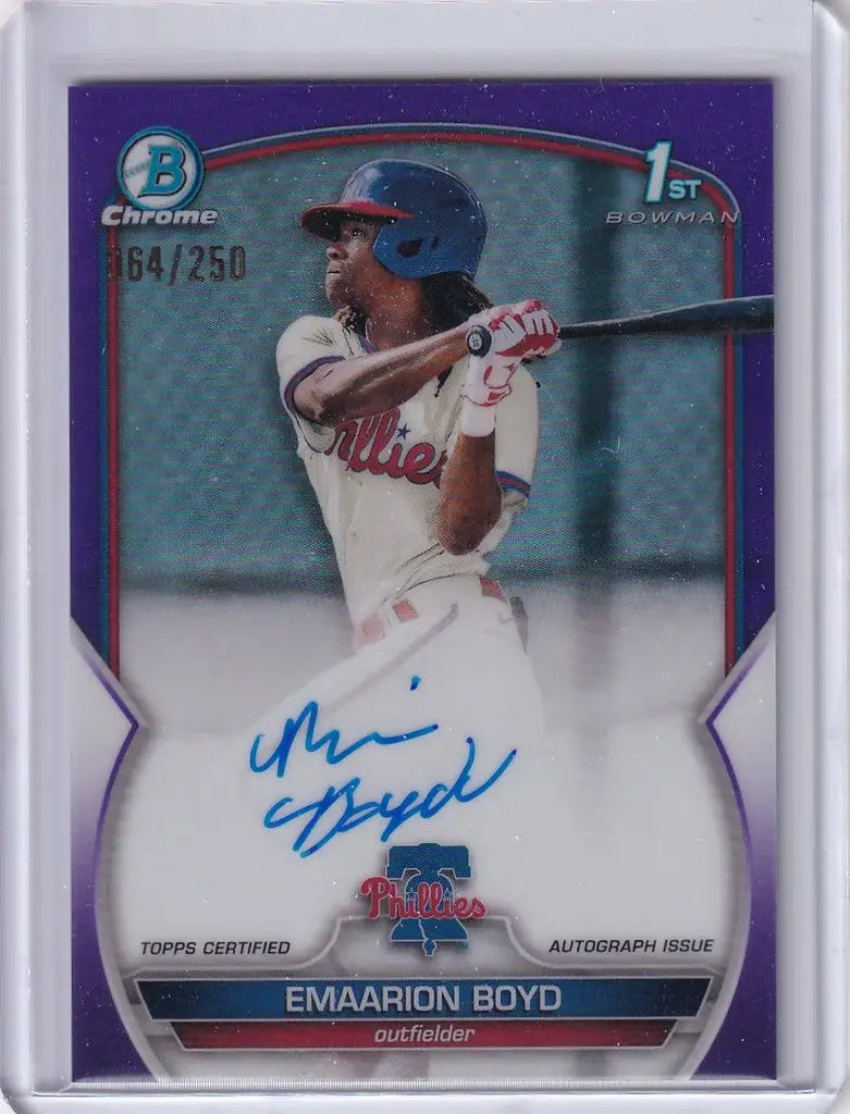 2023 Bowman Chrome Auto featuring Emaarion Boyd swinging bat with autograph