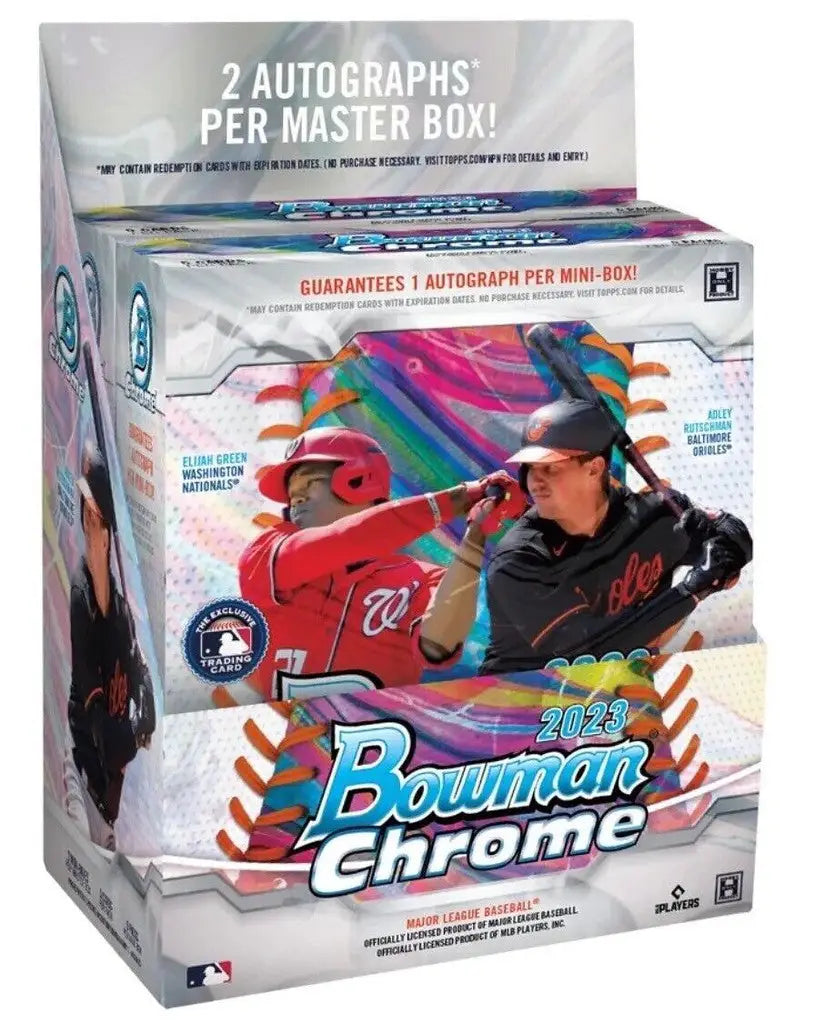 2023 Bowman Chrome Baseball Hobby Box with colorful player images and trading cards