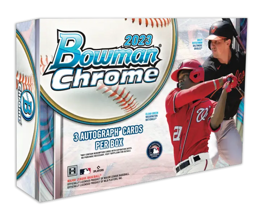 2023 Bowman Chrome Baseball Hobby HTA Box featuring player image and trading cards