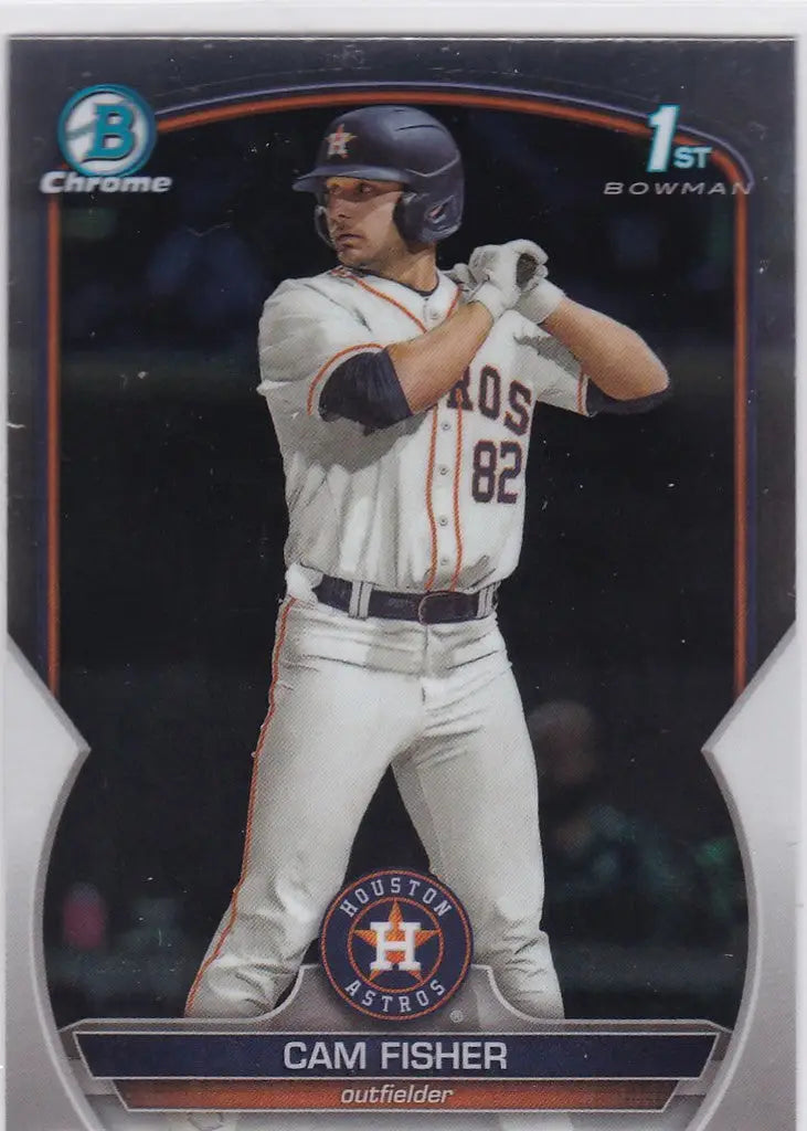 Baseball card of Cam Fisher Houston Astros in batting stance from Bowman Chrome