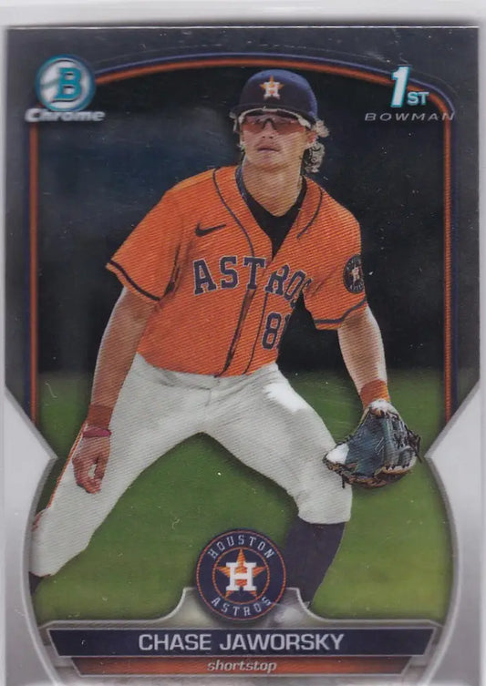 Baseball card of Chase Jaworsky Houston Astros in an orange jersey, 2023 Bowman Chrome