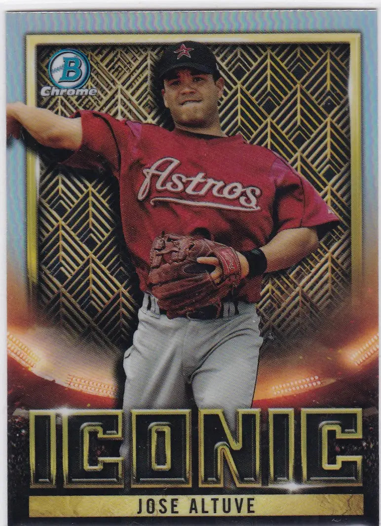 Baseball card of Jose Altuve in red jersey for Iconic Houston Astros collection